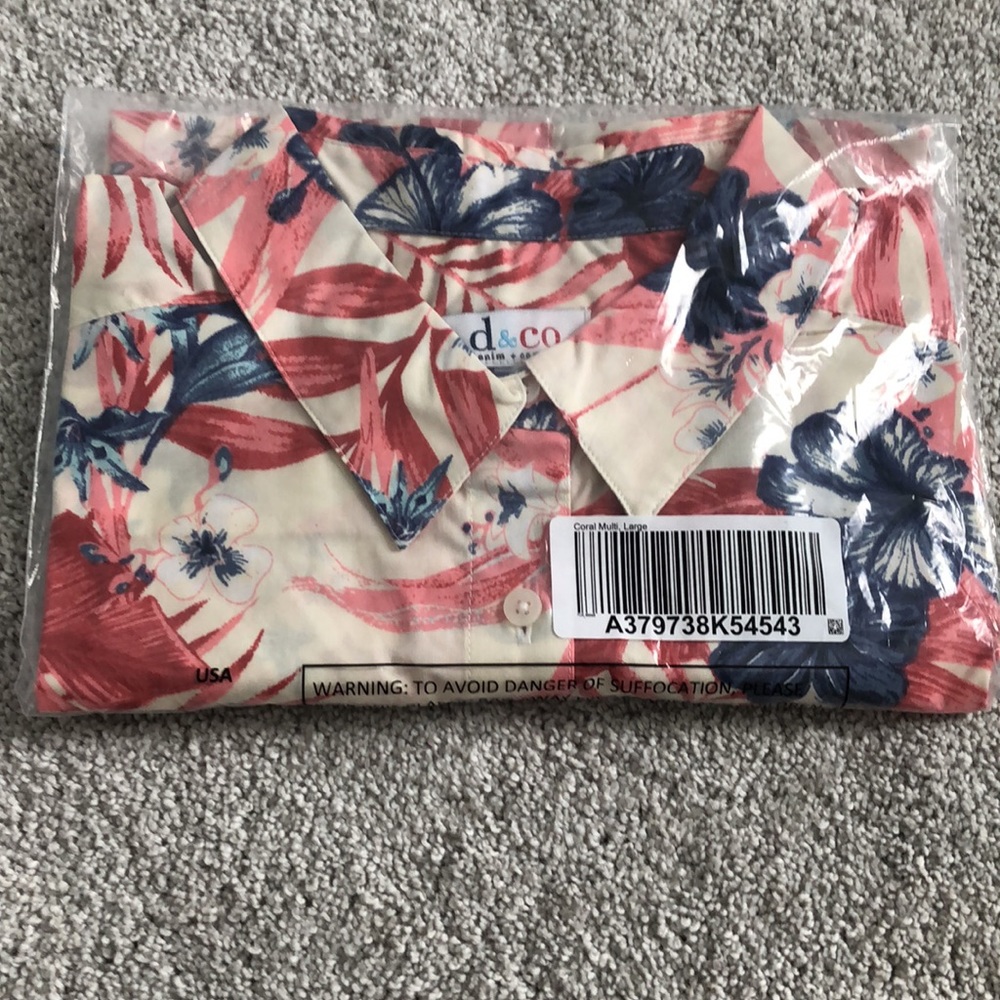 NWT QVC Denim & Co Printed Stretch Poplin Short-Sleeve Camp Shirt, Coral, Size L - Picture 5 of 5